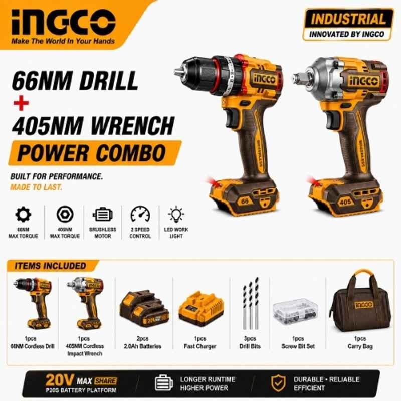 Ingco 13mm 20V 66Nm Cordless Impact Drill & 405Nm Wrench Combo