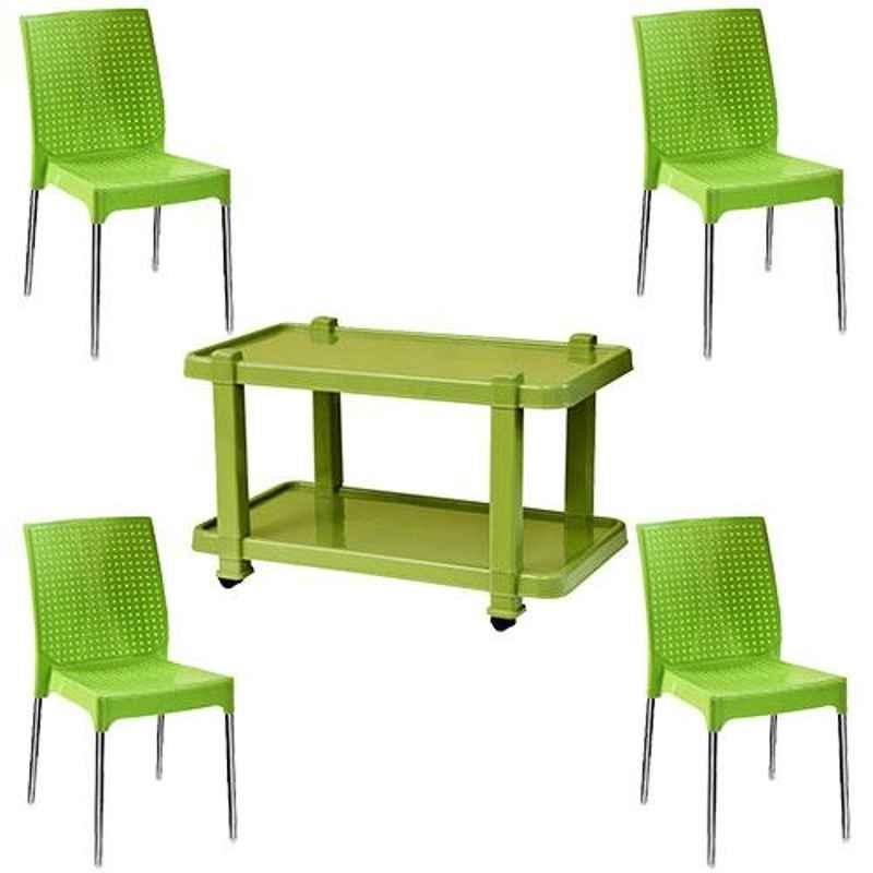 Italica 4 Pcs Polypropylene Green Plasteel without Arm Chair & Green Table with Wheels Set, 1206-4/9509