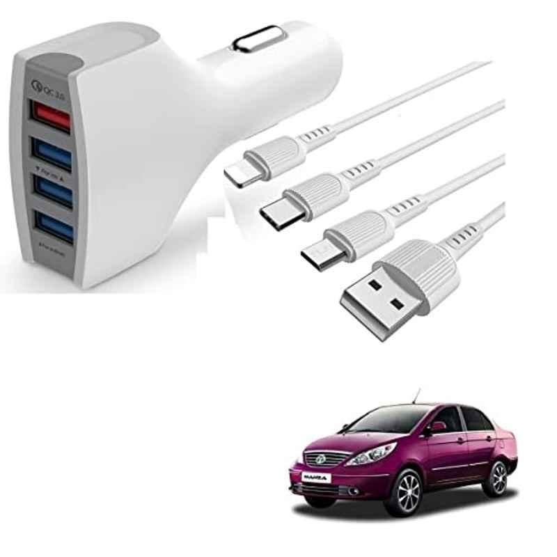 Kozdiko 4 Port USB Car Charger with 3 in 1 Cable for Tata Manza