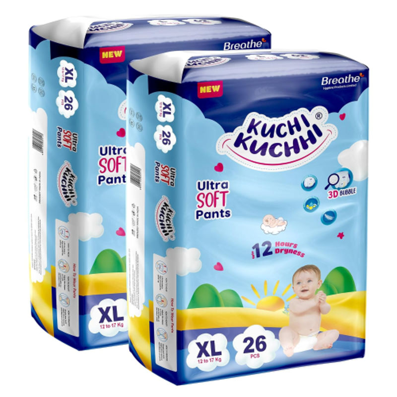 Kuchi Kuchhi 26 Pcs 12-17kg White Extra Large Ultra Soft Baby Diaper Pant with 3D Bubble Top, KKXL26X2 (Pack of 2)
