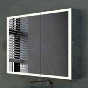 Plantex Luxury LED Mirror Cabinet for Bathroom/304 Grade Stainless Steel Bathroom Cabinet/Mirror for Bathroom with Double Door Cabinet 24x24 inch -LED & Defogger/Chrome
