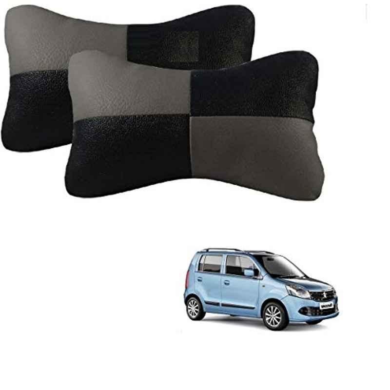 Kozdiko 2 Pcs Leather Grey & Black Neck Rest Car Cushion Pillow Set for Maruti Suzuki Old WagonR (2000-2010)