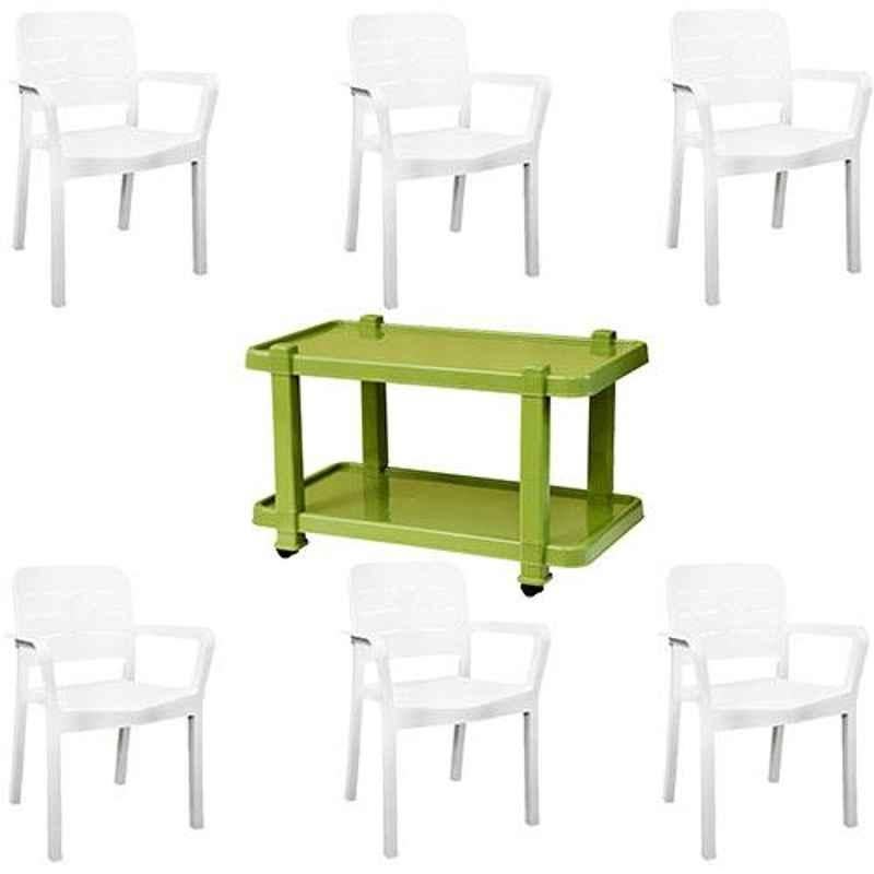 Italica 6 Pcs Polypropylene White Luxury Arm Chair & Green Table with Wheels Set, 3015-6/9509