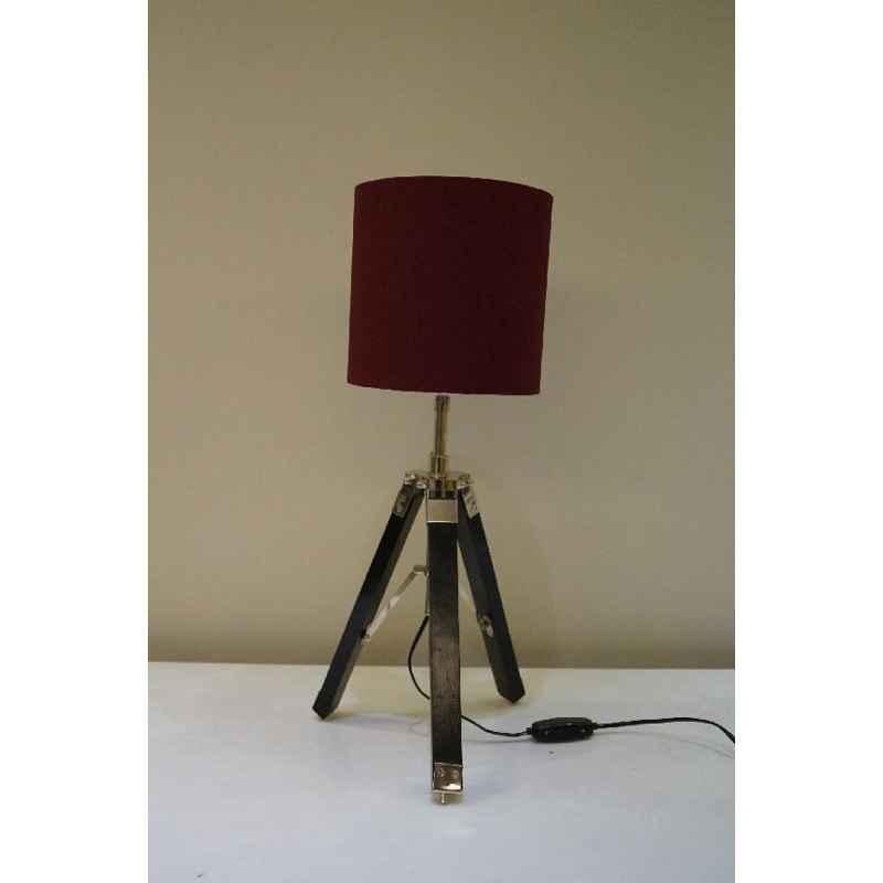 Tucasa Mango Wood Black Tripod Table Lamp with Polycotton Maroon Shade, P-48