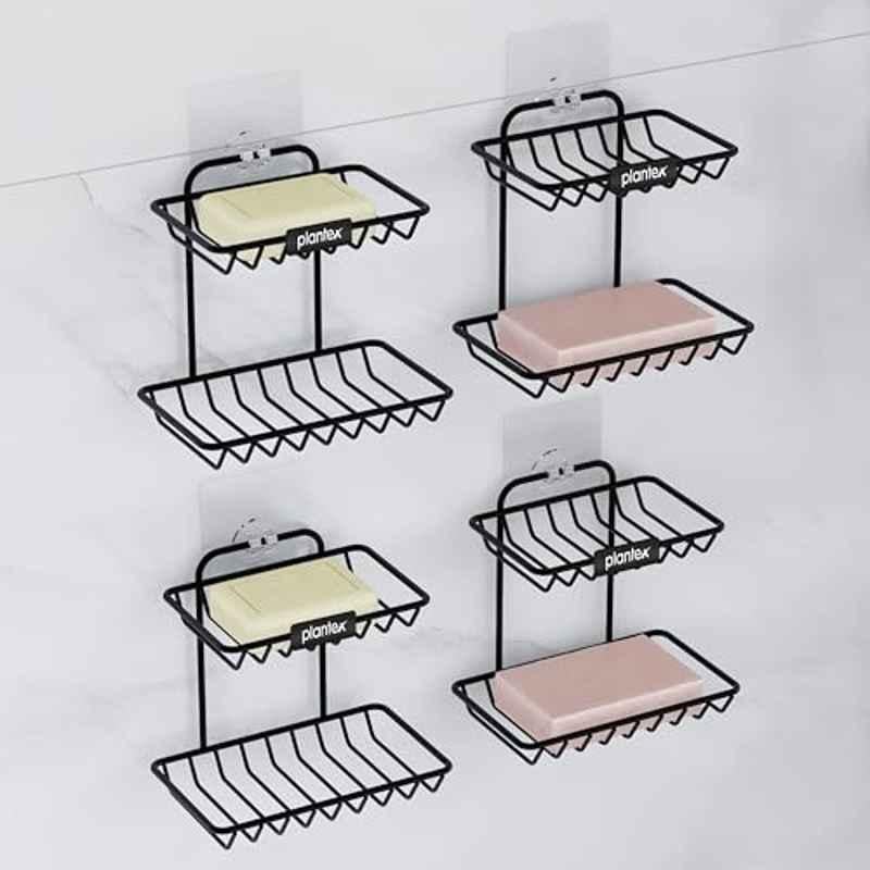 Plantex Self Adhesive Soap Dish/GI Steel Soap Case with Hook/Soap Stand with Hook/Soap Holder for Bathroom Accessories (Pack of 4) Black