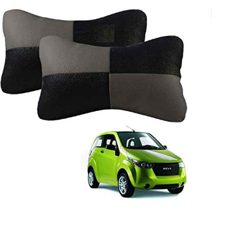 Kozdiko 2 Pcs Leather Grey & Black Neck Rest Car Cushion Pillow Set for Mahindra Reva