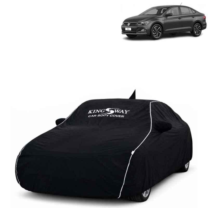 Kingsway Super Waterproof All Weather Protection Polypropylene Black Car Cover for Volkswagen Virtus 2022 Onwards with Silver Piping, Mirror & Antenna Pockets