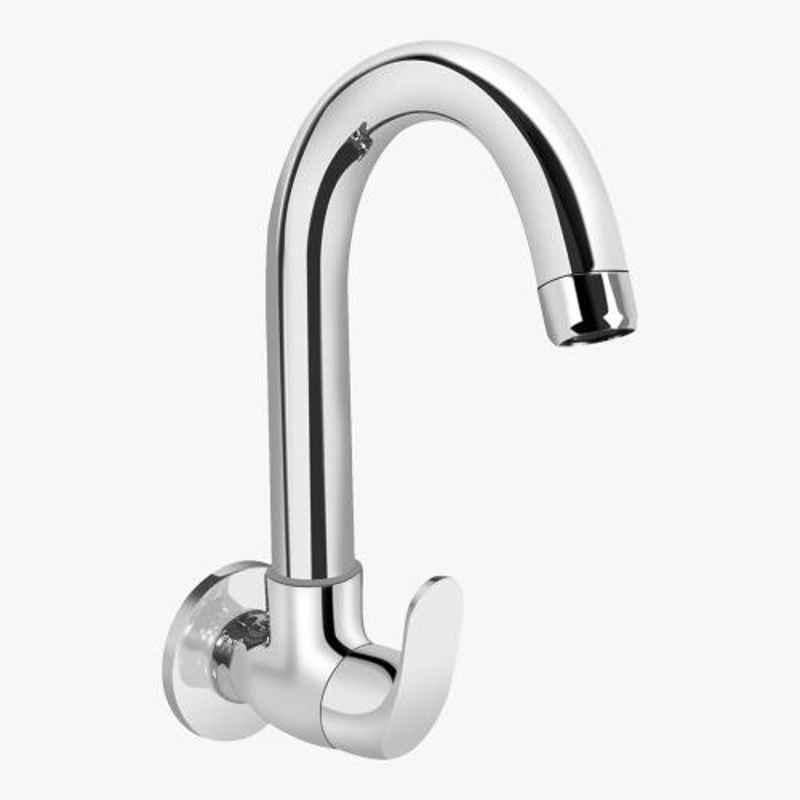 Kerovit Edge Silver Chrome Finish Wall Mounted Sink Cock with Swivel Spout & Flange, KB1211025