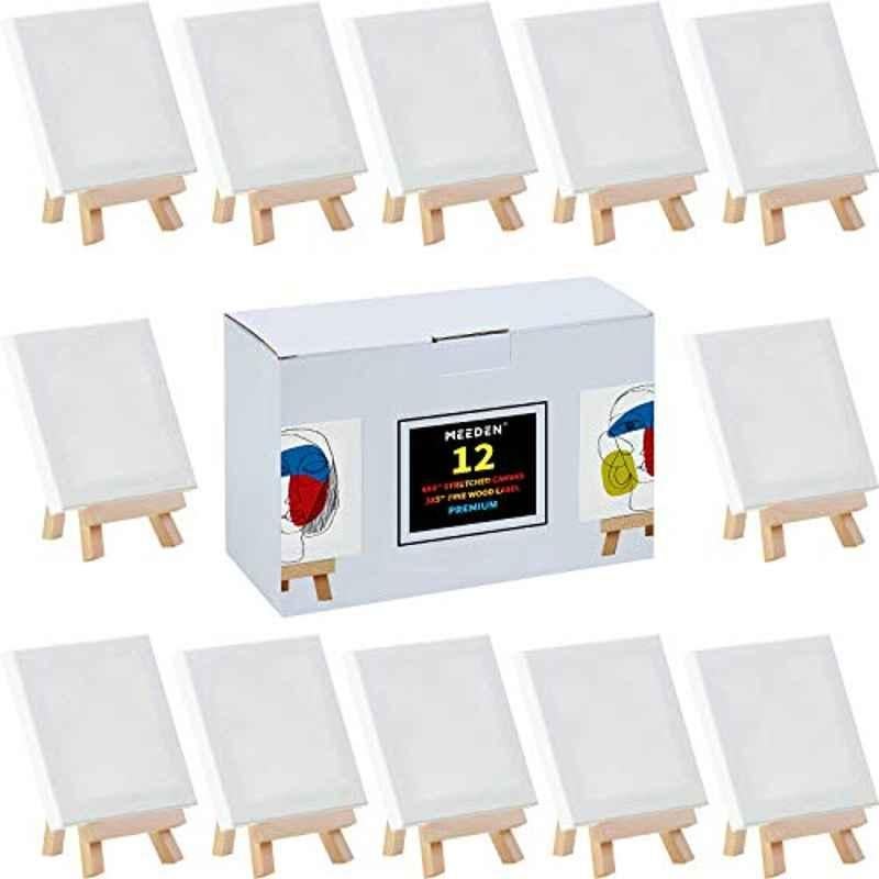 Meeden 12 Pcs 4x4 inch White Stretched Canvas with 5x3 inch Pine Wood Easel Set