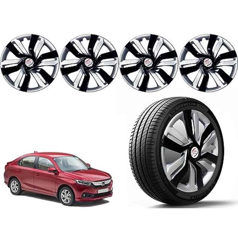 Auto Pearl 4 Pcs 14 inch Polypropylene Black & Silver Press Type Car Wheel Cover Set with Retention Ring for Honda Amaze Type 2 2018-2020, 14WC_Idtec_Rev_AmazeT2_2018_2020