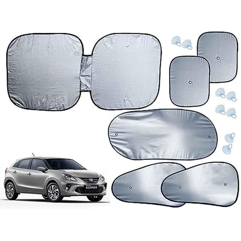Auto Pearl 6 Pcs Polyester Black & Silver Window, Front & Rear Sun Shade Set for Toyota Glanza