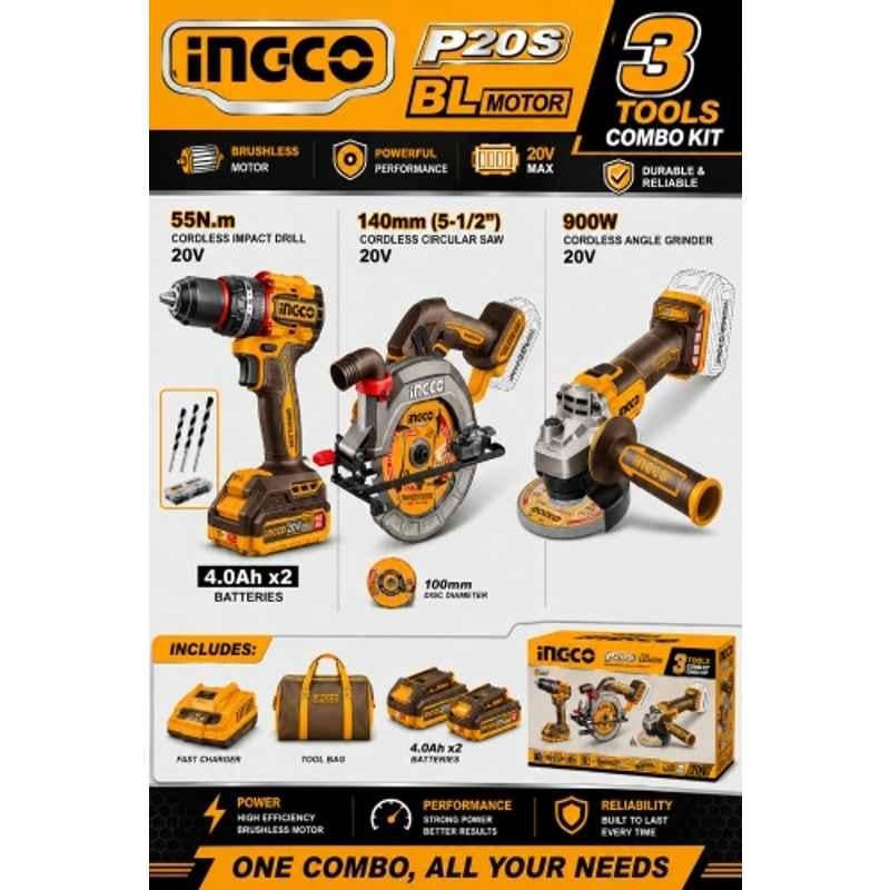 Ingco 13mm 20V 55Nm Cordless Impact Drill, 140mm Circular Saw Cutter & 100mm Angle Grinder Combo