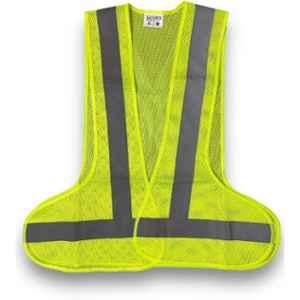 Sicuro 65GSM Polyester Neon Green 3-Side Open V Neck Safety Jacket with Reflective Strip, Size: L