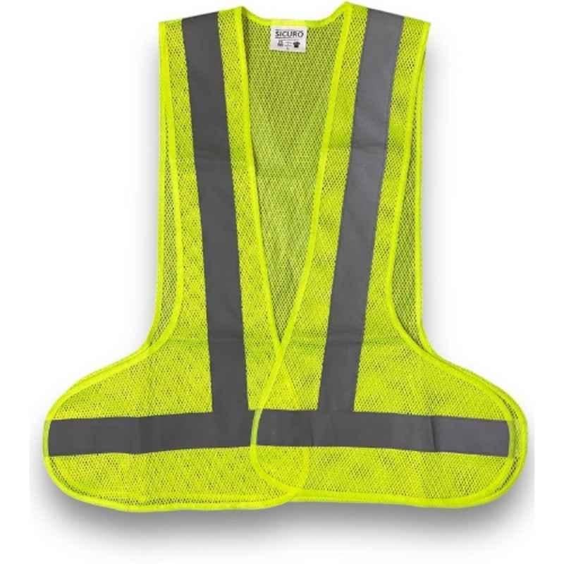 Sicuro 65GSM Polyester Neon Green 3-Side Open V Neck Safety Jacket with Reflective Strip, Size: L