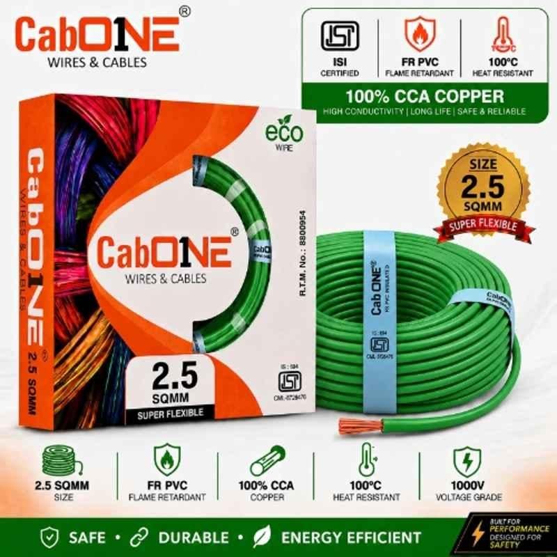 CabONE Lite 2.5 Sqmm Green Single Core FR PVC Insulated CCA Copper Electrical Wire, Length: 45 m