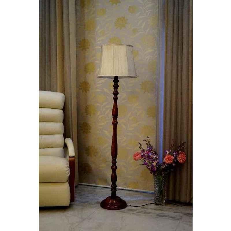 Tucasa Royal Brown Mango Wood Floor Lamp with Off White Cylindrical Polycotton Shade, WF-105