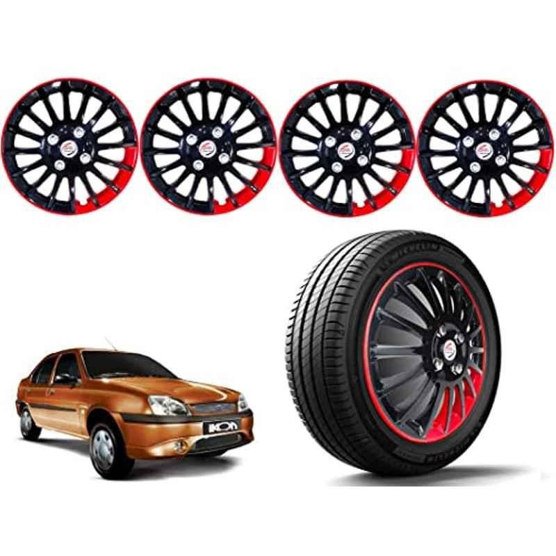 Auto Pearl 4 Pcs 13 inch Polypropylene Black & Red Press Type Car Wheel Cover Set with Retention Ring for Ford Ikon