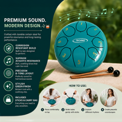 Techno 6 inch 8 Tone Carbon Steel Green Happy Drum with Carry Bag & Stick, RJ-HD33