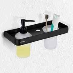 Plantex Self Adhesive Aluminium Liquid Soap Dispenser with Tumbler Holder for Bathroom/2 4-in-1 Shampoo Dispenser with Toothpaste Holder/Bathroom Accessories 1505, Black