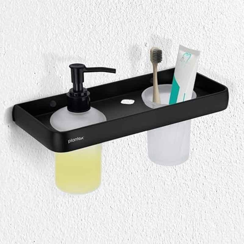 Plantex Self Adhesive Aluminium Liquid Soap Dispenser with Tumbler Holder for Bathroom/2 4-in-1 Shampoo Dispenser with Toothpaste Holder/Bathroom Accessories 1505, Black