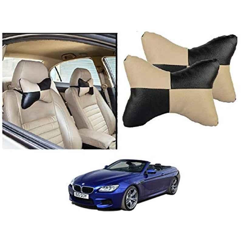 Kozdiko 2 Pcs Black & Beige Car Square Chess Design Neck Rest Seat Pillow Set for BMW 6 Series