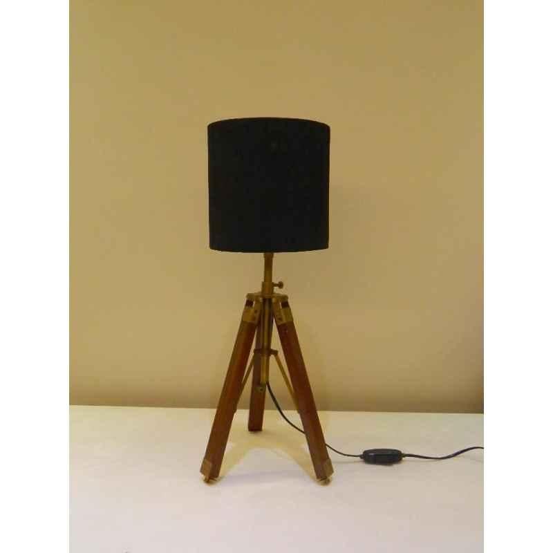 Tucasa Mango Wood Brown Tripod Table Lamp with Polycotton Black Shade, P-57