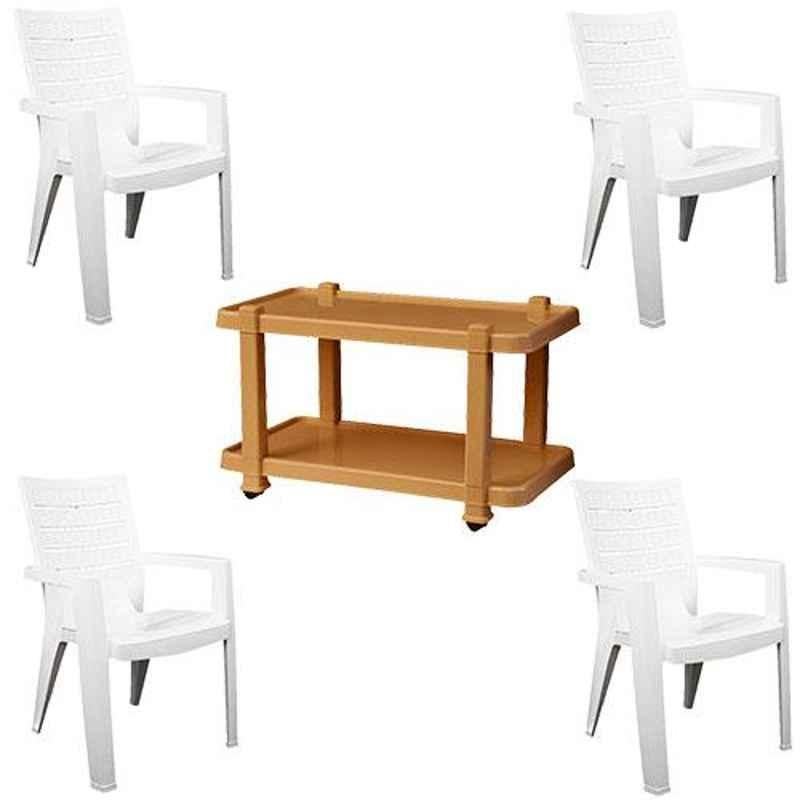 Italica 4 Pcs Polypropylene White Luxury Arm Chair & Marble Beige Table with Wheels Set, 2274-4/9509