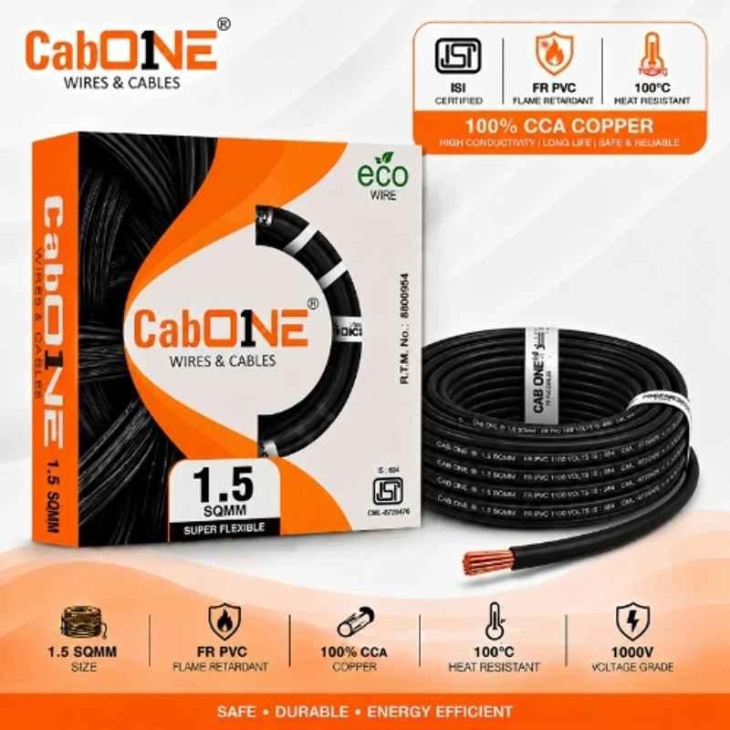 CabONE Lite 1.5 Sqmm Black Single Core FR PVC Insulated CCA Copper Electrical Wire, Length: 45 m