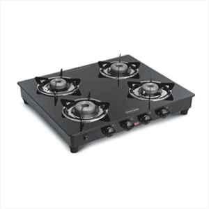 Padmini 4 Burner Stainless Steel Black Automatic Ignition Glass Top Gas Stove, 4BR CS-4 GT Prima/RU Auto
