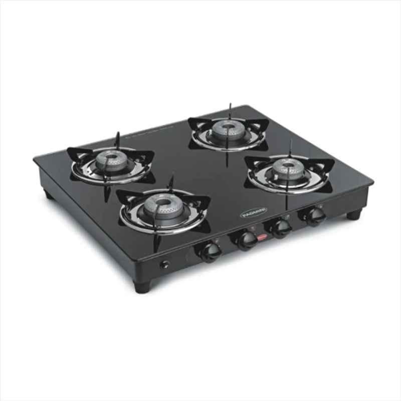 Padmini 4 Burner Stainless Steel Black Automatic Ignition Glass Top Gas Stove, 4BR CS-4 GT Prima/RU Auto