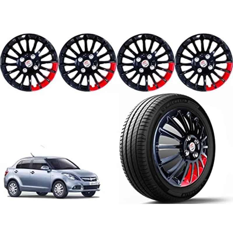 Auto Pearl 4 Pcs 14 inch Polypropylene Black & Red Press Type Car Wheel Cover Set with Retention Ring for Maruti Suzuki Swift Dzire Type 3 2015-2017