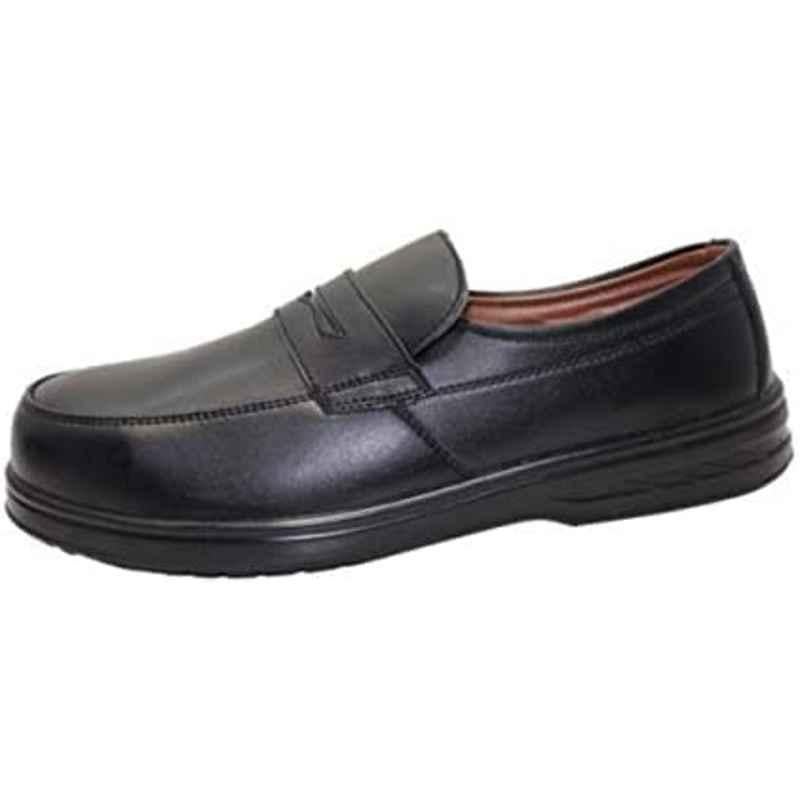 Abbasali Mens Steel Toe Leather Black Slip Resistant Laceless Safety Shoes, Size: 39