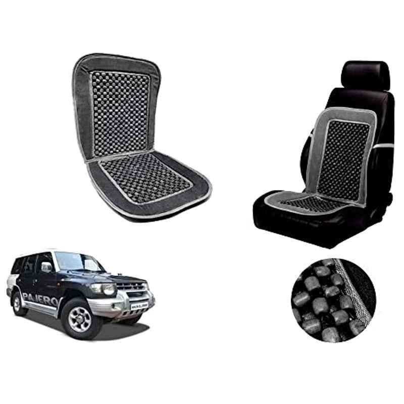 Auto Pearl PU, Velvet & Wooden Beads Grey Rectangular Seat Cushion for Mitsubishi Pajero