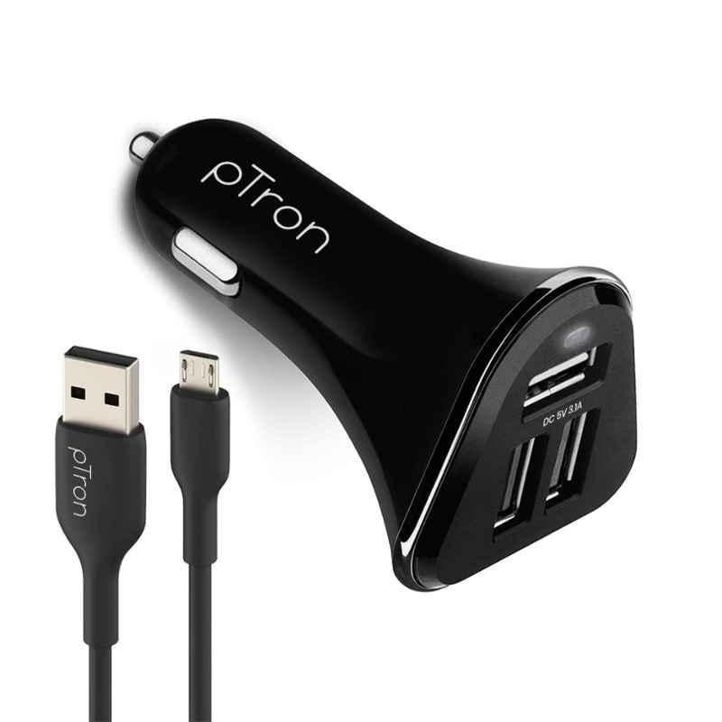 pTron Bullet 3.1A Black Fast Car Charger with 3 USB Port