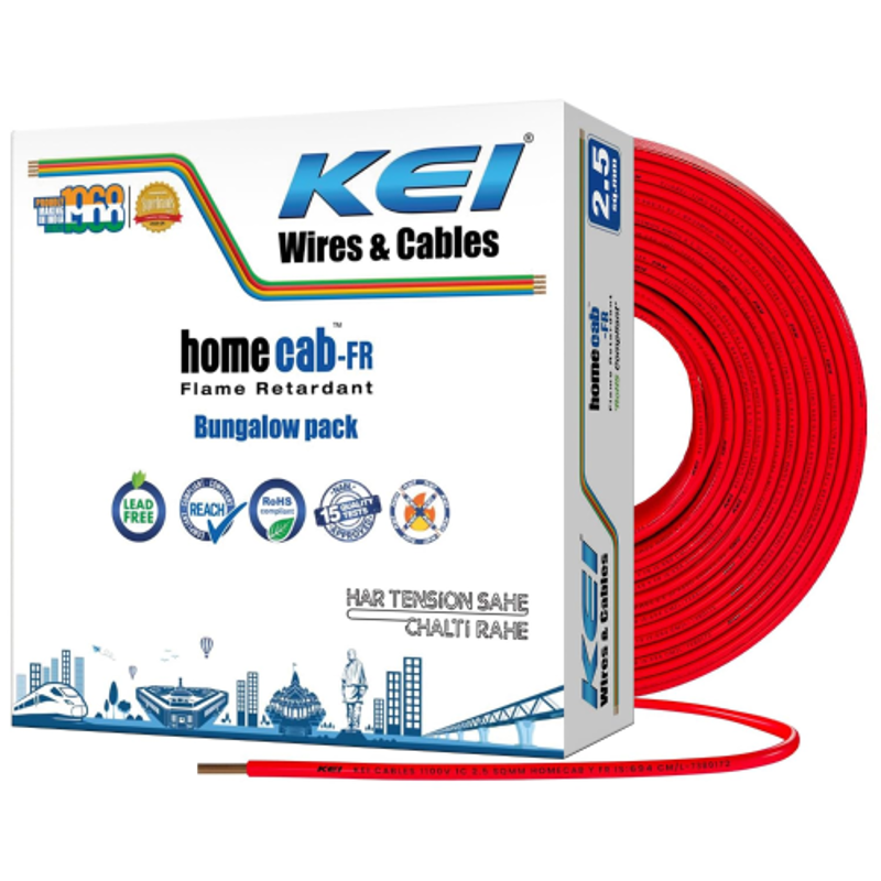 KEI Homecab 2.5 Sqmm 1 Core 99.97% Pure Copper Conductor FR PVC Insulated Cable for Domestic & Commercial Electrical Wiring (Red, 90 Meters)