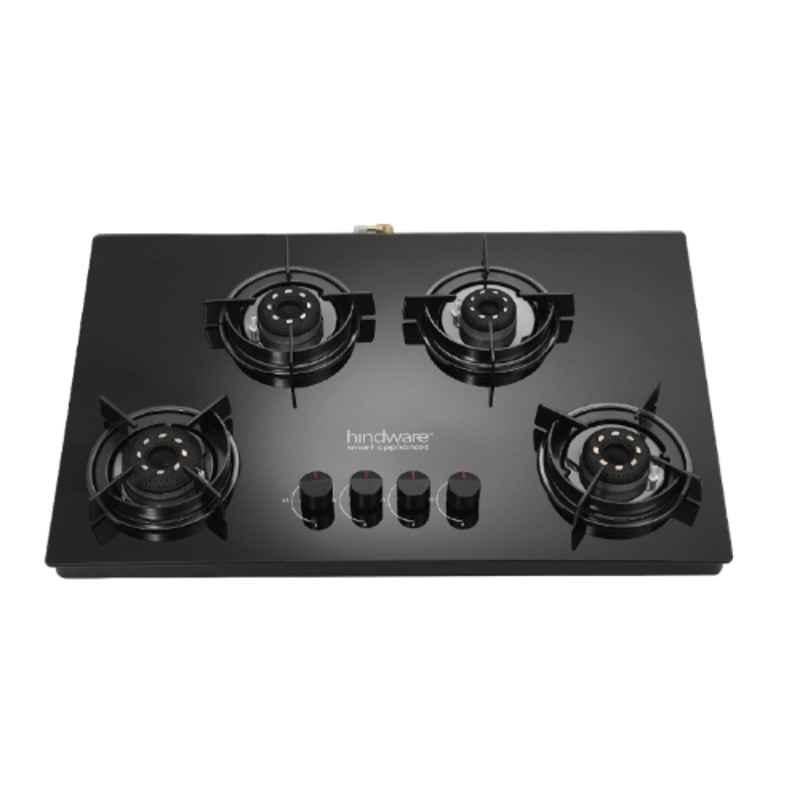 Hindware Coral Blk 4B AI Glass Top Cooktop with 4 Brass Burner & Automatic Ignition, CT 100284
