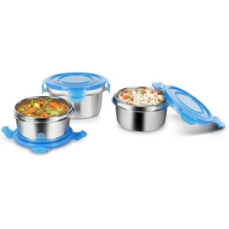 Classic Essentials 3 Pcs 300ml Stainless Steel & Plastic Blue Clip Containers Lunch Box Set