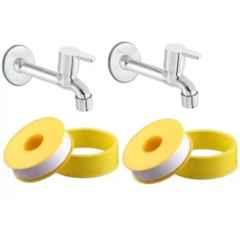 Senkiddpro 2 Pcs Stainless Steel Chrome Finish Wall Mounted Long Body Tap Set with Wall Flange & Teflon Tape
