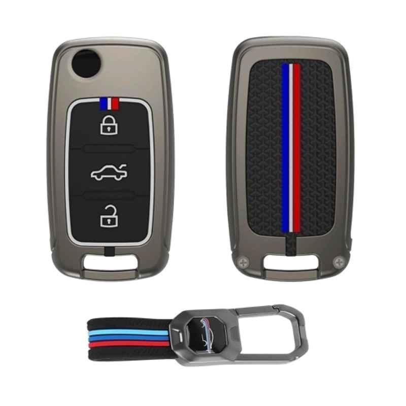 Kingsway Gunmetal Grey 3 Buttons Rectangular Car Key Cover with Keychain for All Hyundai Cars