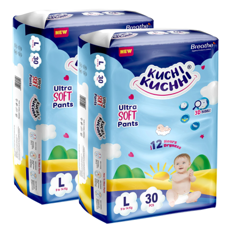 Kuchi Kuchhi Baby Diaper Pants, Large (9-14kg), Pack of 2 (60 Pcs), 3D Bubble Top Ultra Soft Unisex Leakproof Diapers, KKL30X2