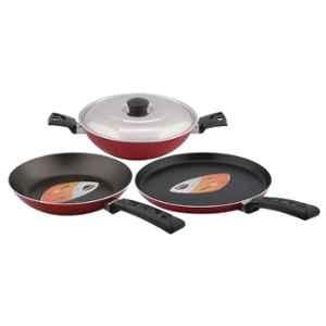 Nirlep Aspa 3 Pcs Red Aluminium Tawa, Fry, Pan & Kadhai with Lid Gift Set, SAGS10 (Pack of 2)