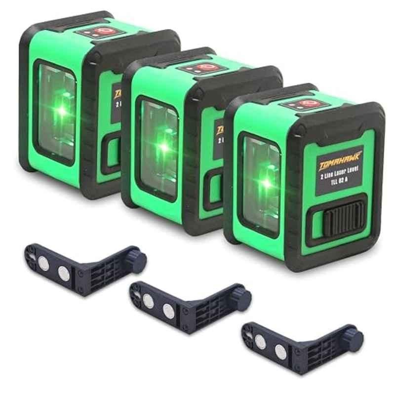 Tomahawk 98ft 2 Lines Green Vertical & Horizontal Cross Self-Levelling Line Laser Machine with 360 deg & Adjustable Brightness, TLL 02 A (Pack of 3)