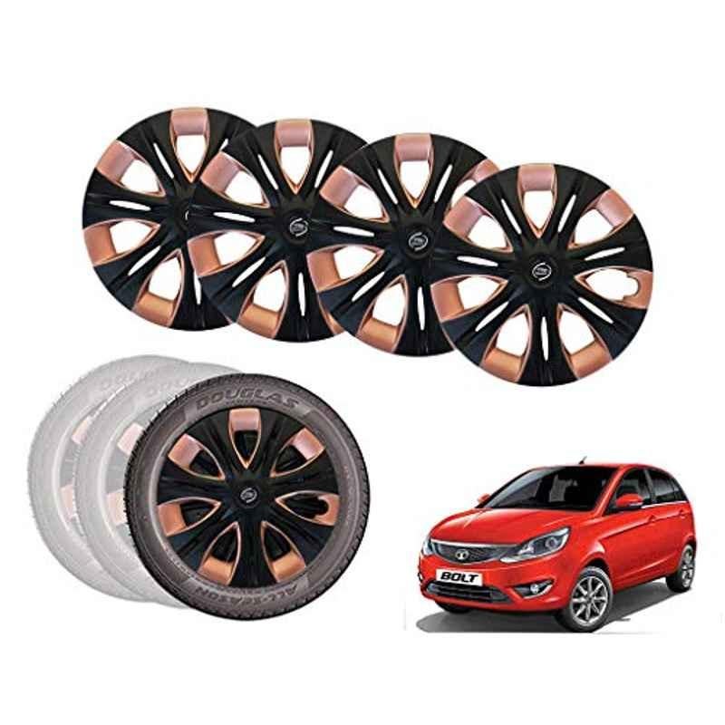 Auto Pearl 4 Pcs 15 inch Black & Copper ABS Press Type Hubcap Wheel Cover Set with Retention Ring for Tata BoltXTModel