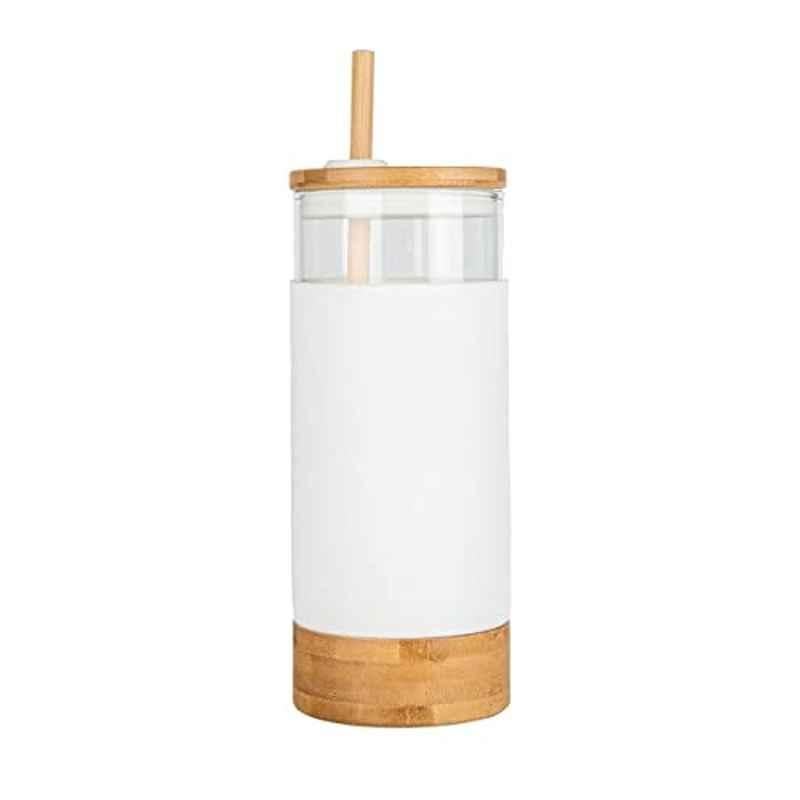 Homesmiths 650ml Bamboo, Glass & Silicone White Little Storage Drinking Cup With Straw