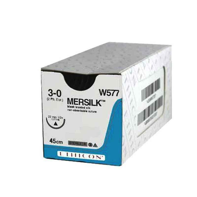 Ethicon NW5085 Mersilk 3-0 Black Braided Suture2, Size: 90cm (Pack of 12)