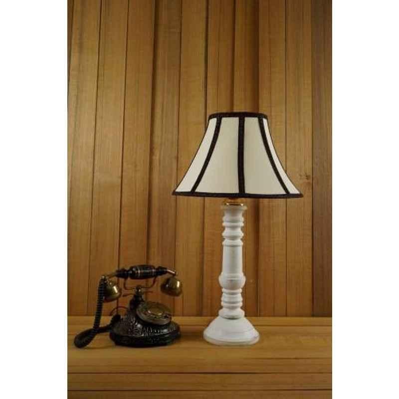 Tucasa Mango Wood White Table Lamp with 12 inch Polycotton Off White Stripe Shade, WL-133