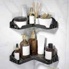 Plantex Self Adhesive Corner Shelf for Bathroom Wall/Stainless Steel Wall Mounted Corner Bathroom Shelf-(Pack of 2) 10x10 inch, Black