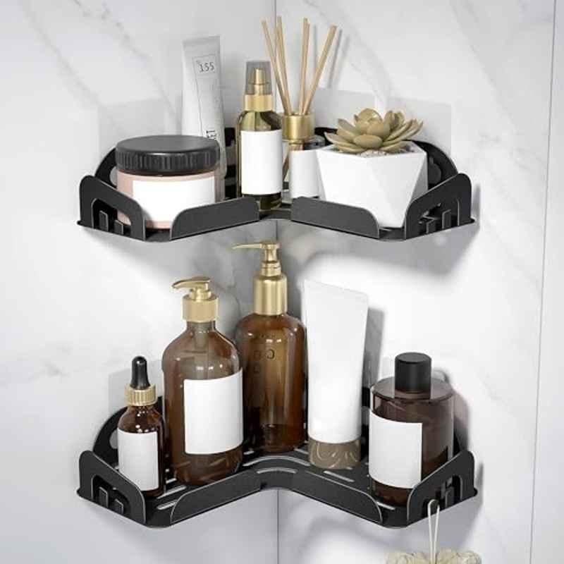 Plantex Self Adhesive Corner Shelf for Bathroom Wall/Stainless Steel Wall Mounted Corner Bathroom Shelf-(Pack of 2) 10x10 inch, Black
