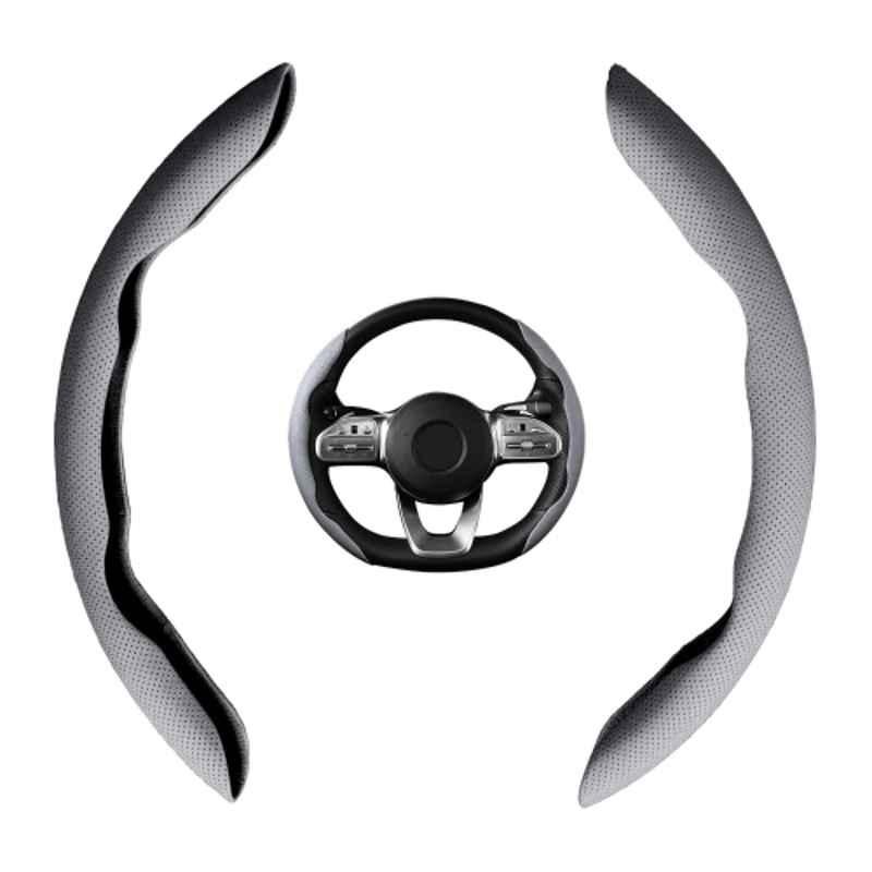 Kingsway Premium 2 Pcs PU Leather Grey Steering Wheel Grip Cover Set for All Cars