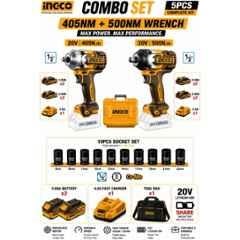 Ingco 1/2 inch 20V 405Nm & 500Nm Cordless Impact Wrench Combo with Brushless Motor